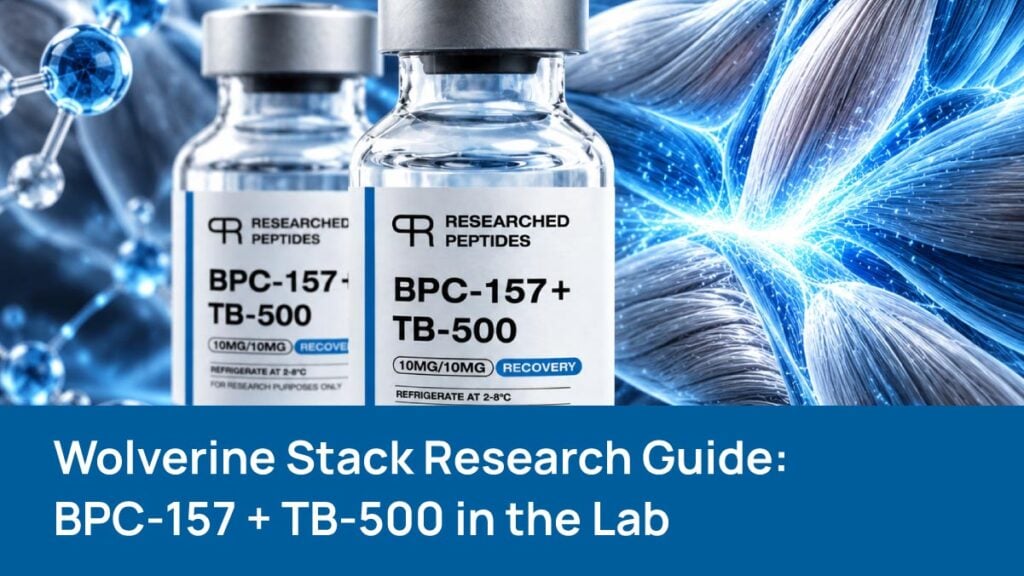 BPC-157 and TB-500 Wolverine Stack research peptide vials with laboratory tissue imagery