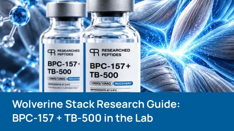 BPC-157 and TB-500 Wolverine Stack research peptide vials with laboratory tissue imagery