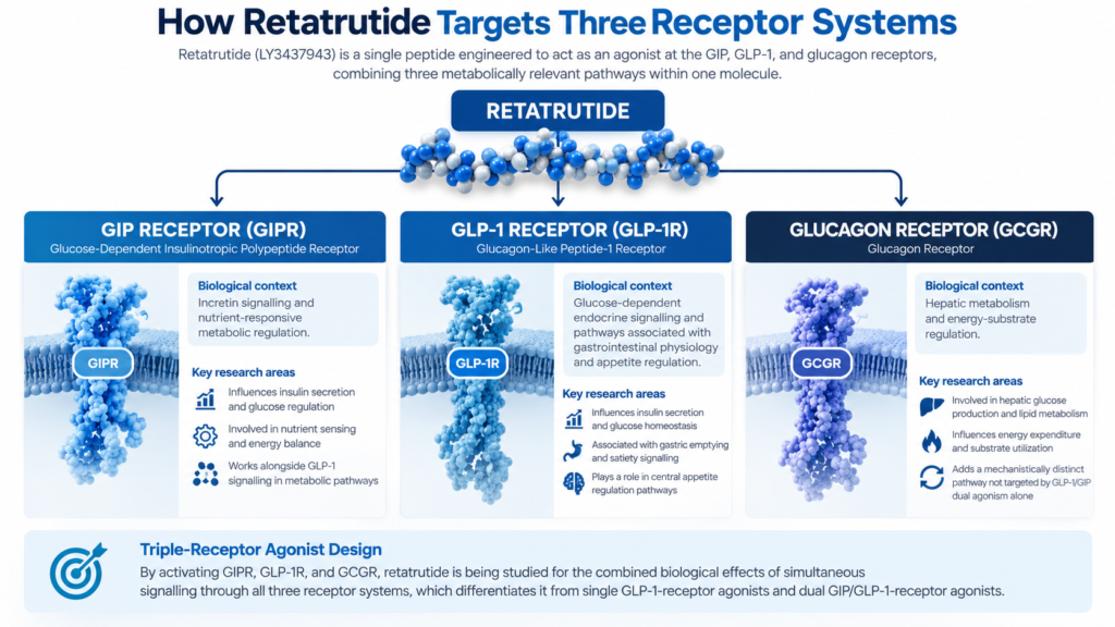 Retatrutide triple-receptor mechanism showing GIP, GLP-1 and glucagon receptor activation