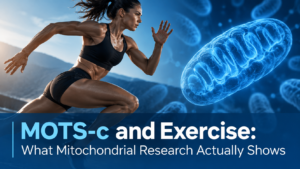 MOTS-c and exercise research cover showing a female athlete running beside a mitochondrion, representing mitochondrial signaling and exercise research.