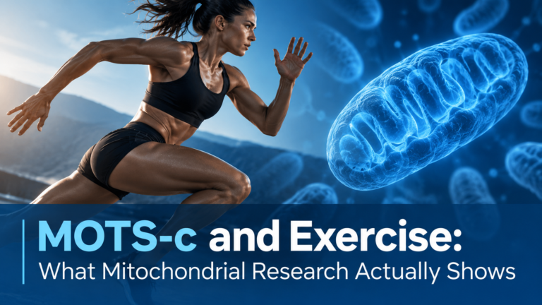 MOTS-c and exercise research cover showing a female athlete running beside a mitochondrion, representing mitochondrial signaling and exercise research.