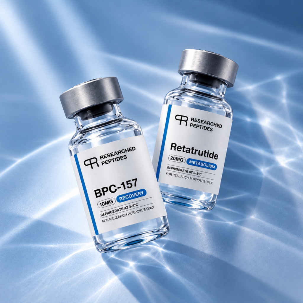BPC-157 and Retatrutide research peptide vials from Researched Peptides