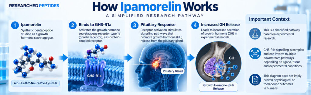 Simplified Ipamorelin research pathway showing GHS-R1a signalling, pituitary response and growth hormone release in experimental models
