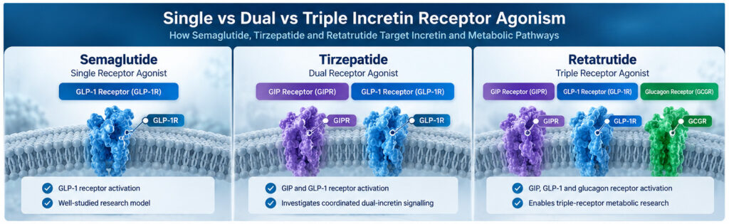 Single vs dual vs triple incretin receptor agonism comparing semaglutide, tirzepatide and retatrutide receptor targets