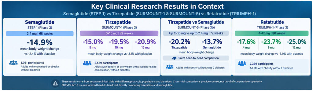 Clinical trial comparison of semaglutide STEP 1, tirzepatide SURMOUNT-1 and SURMOUNT-5, and retatrutide TRIUMPH-1 results